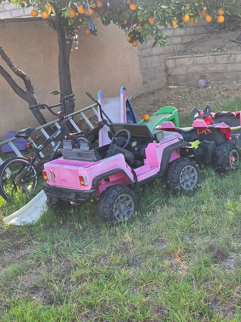 Outgrown kids' ride-on cars and toys gathered on a lawn for pickup