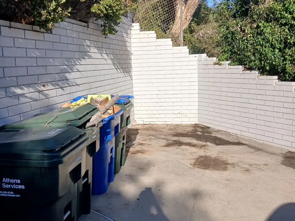 The same side yard swept clean with only the trash bins left